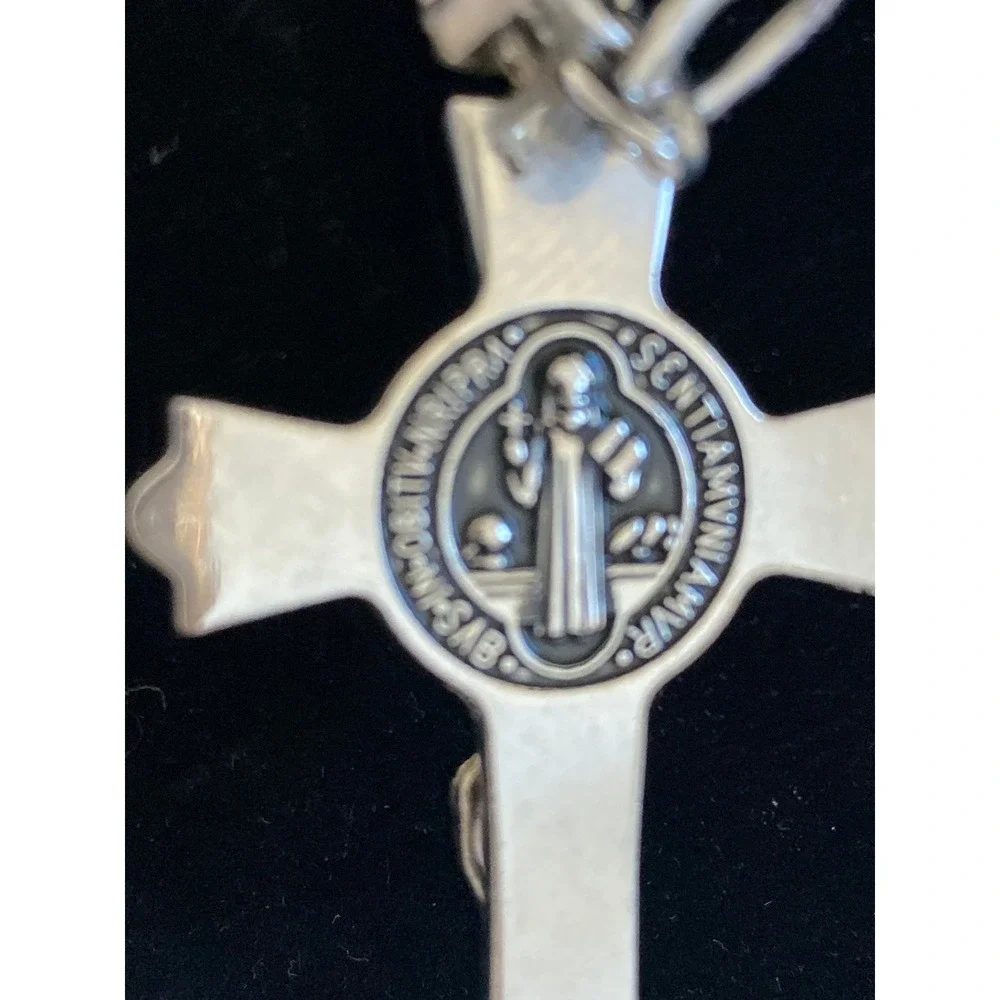 St Benedict Crucifix Pendant Necklace Silver Tone Figaro Chain Religious Cross